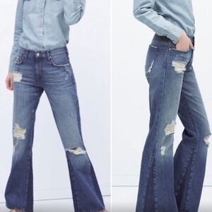 Zara Women’s Premium Denim Tribute to the 70s Distressed Flare Jeans. Size 4.